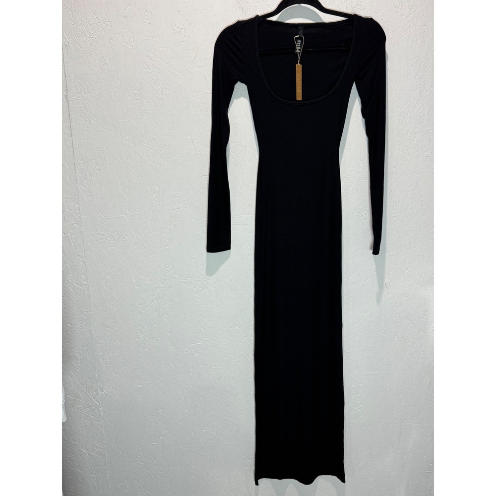 SKIMS Soft Lounge Rib Long Sleeve Dress Onyx Black XXS AP-DRS-1701 NWT